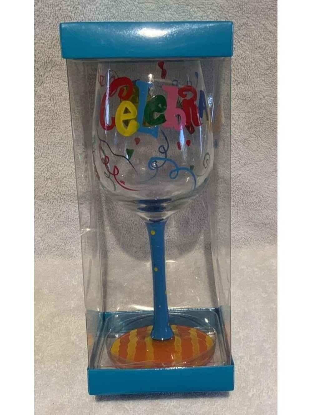 Colorful Hand Painted ‘Celebrate’ Tall Stem Wine Glass in Original Box